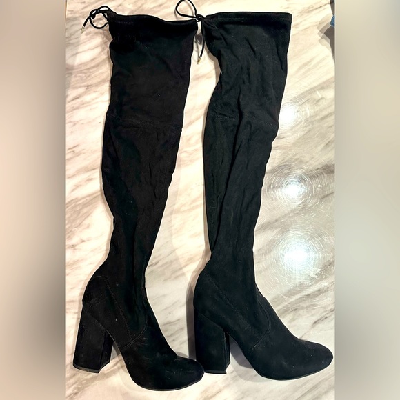 Steve Madden Shoes - Steve Madden Suede Material Black Thigh High Boots with Block Heels and Tie Back